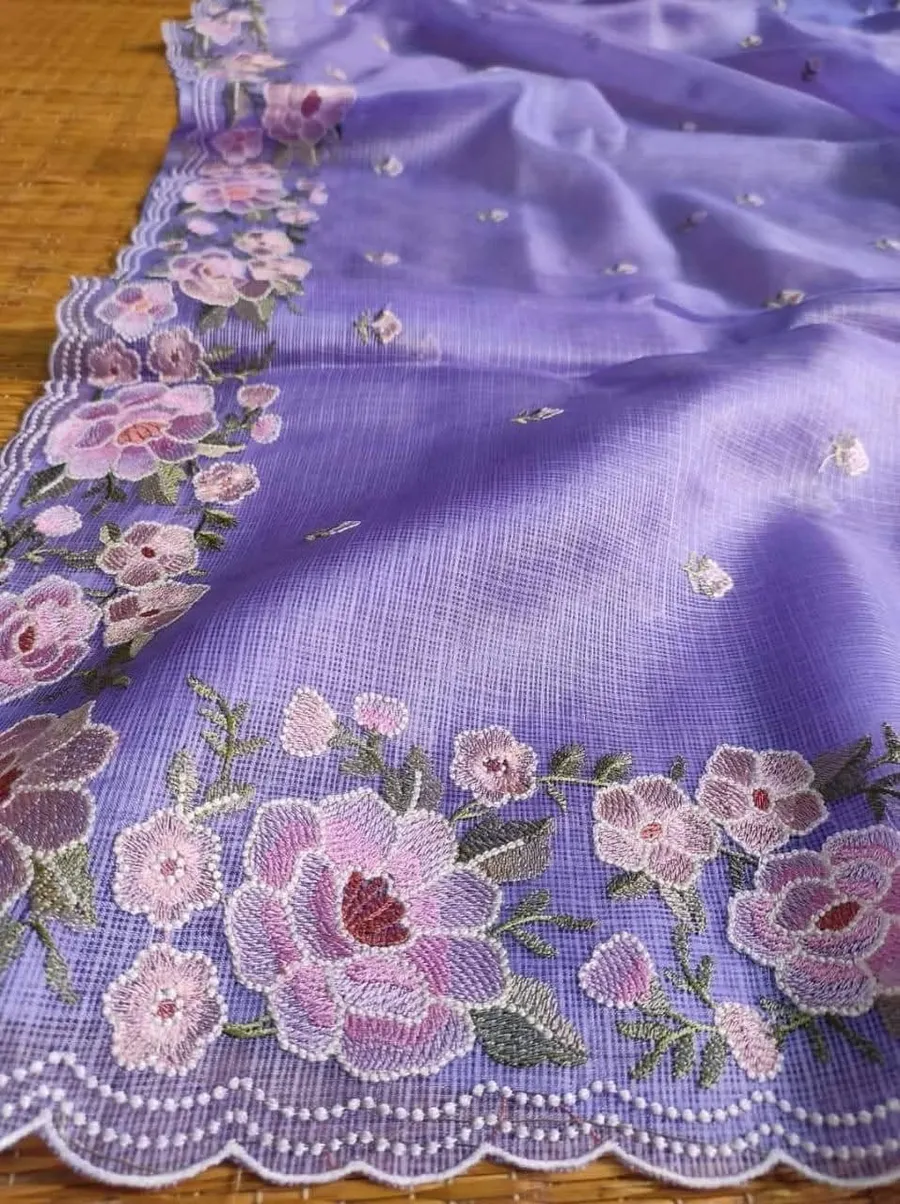 Ethereal Grace: Intricately Embroidered Kota Doria Saree